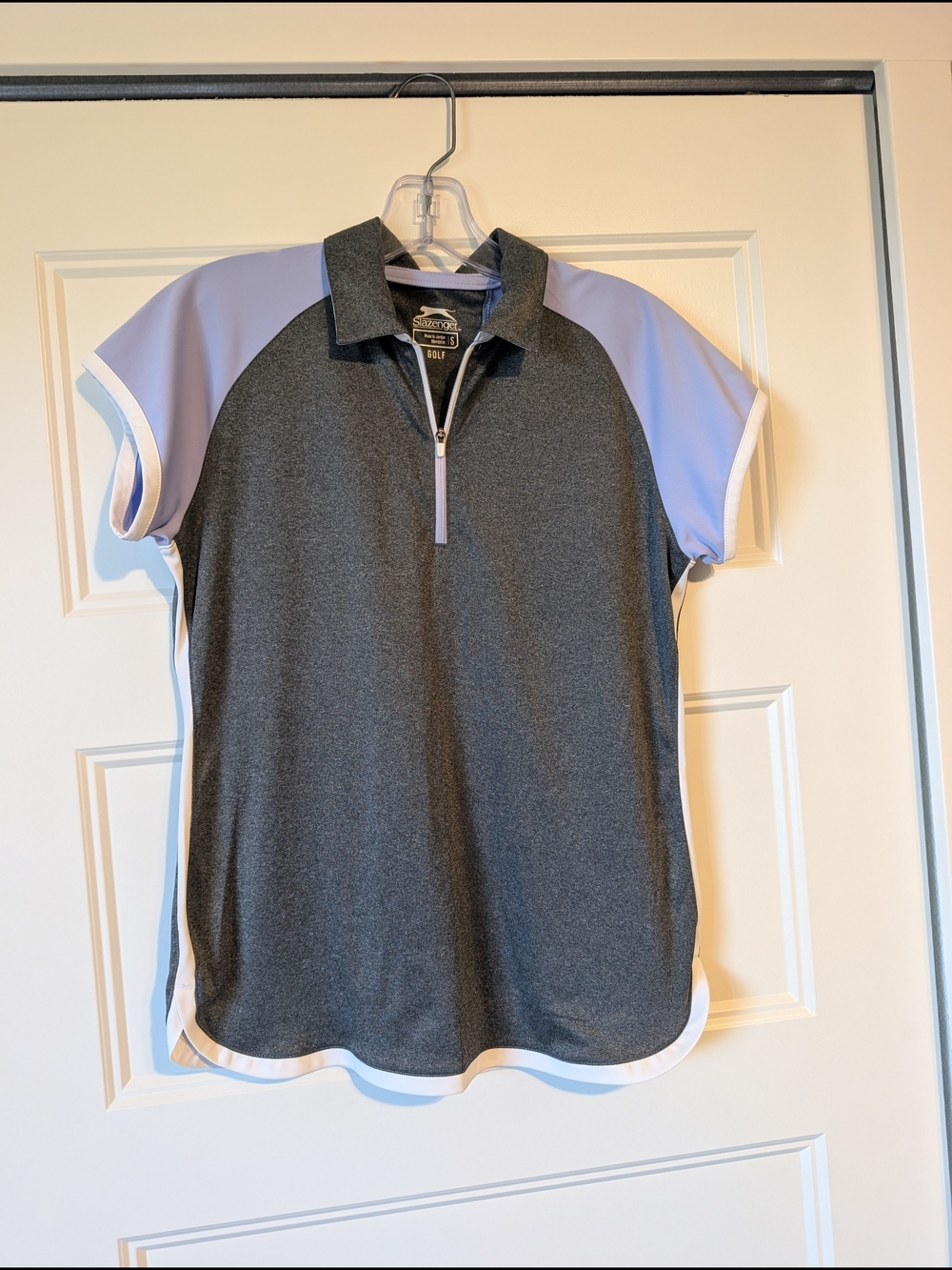 Women's Short Sleeve Golf Polo - Charcoal with Light Lavender Sleeves